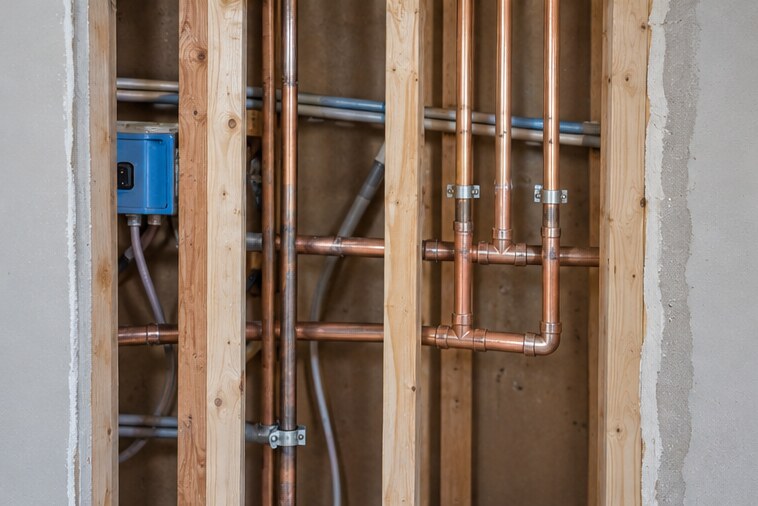 Copper water supply piping on a finished wall